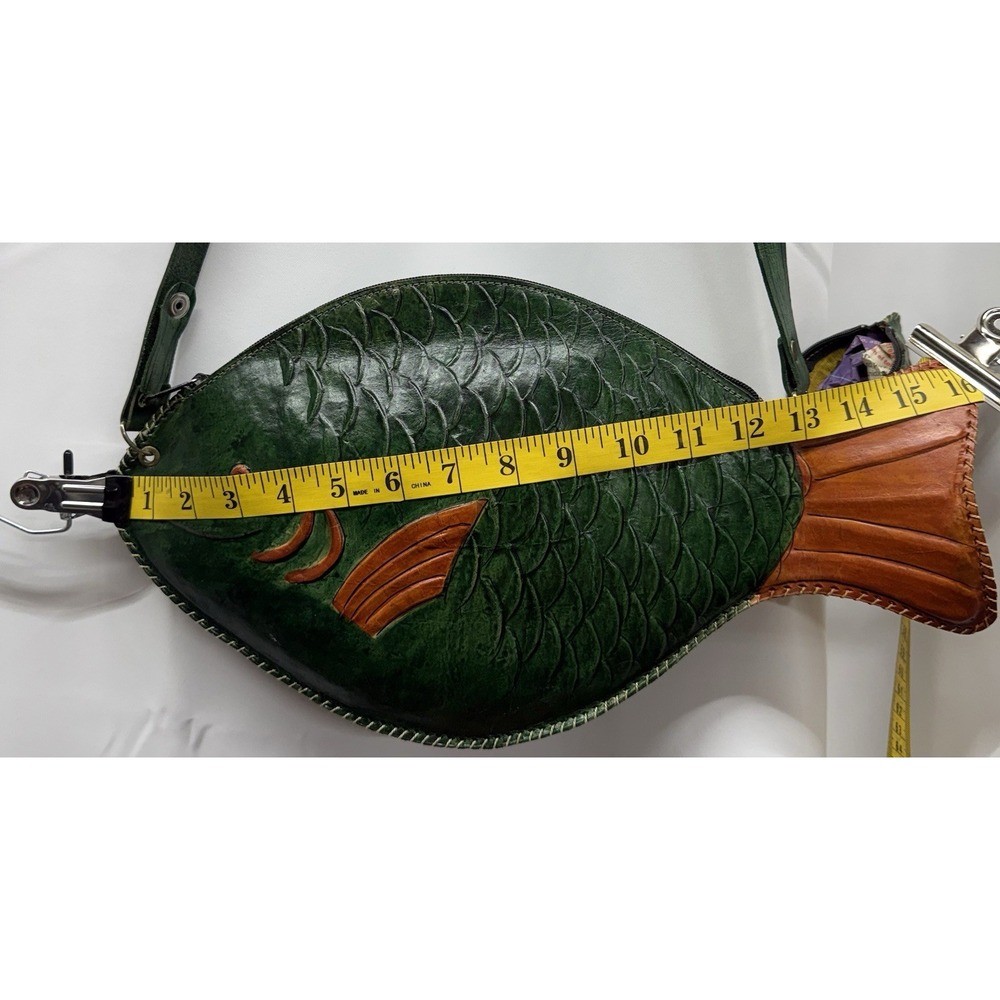 Vintage Hand Tooled Large Leather Fish Purse & Matching Coin Mexican Folk Art - Picture 12 of 16